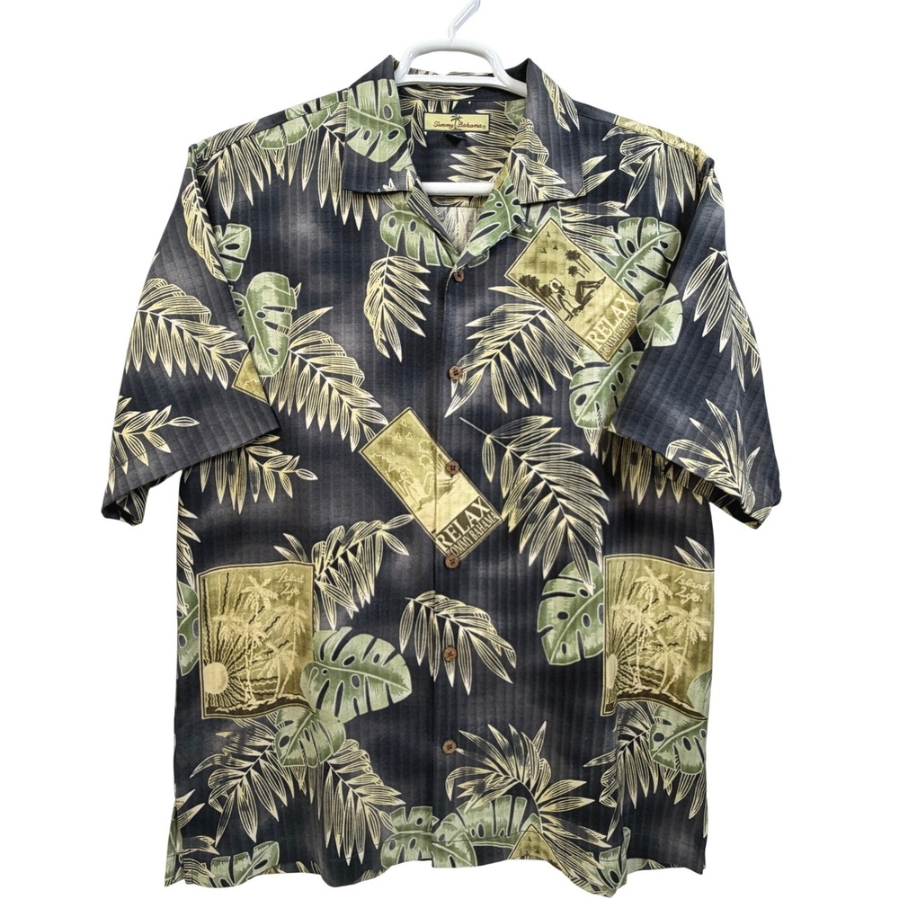 Tommy‎ Bahama Silk Camp Shirt Tropical Postcard Print Black Green Button Up M